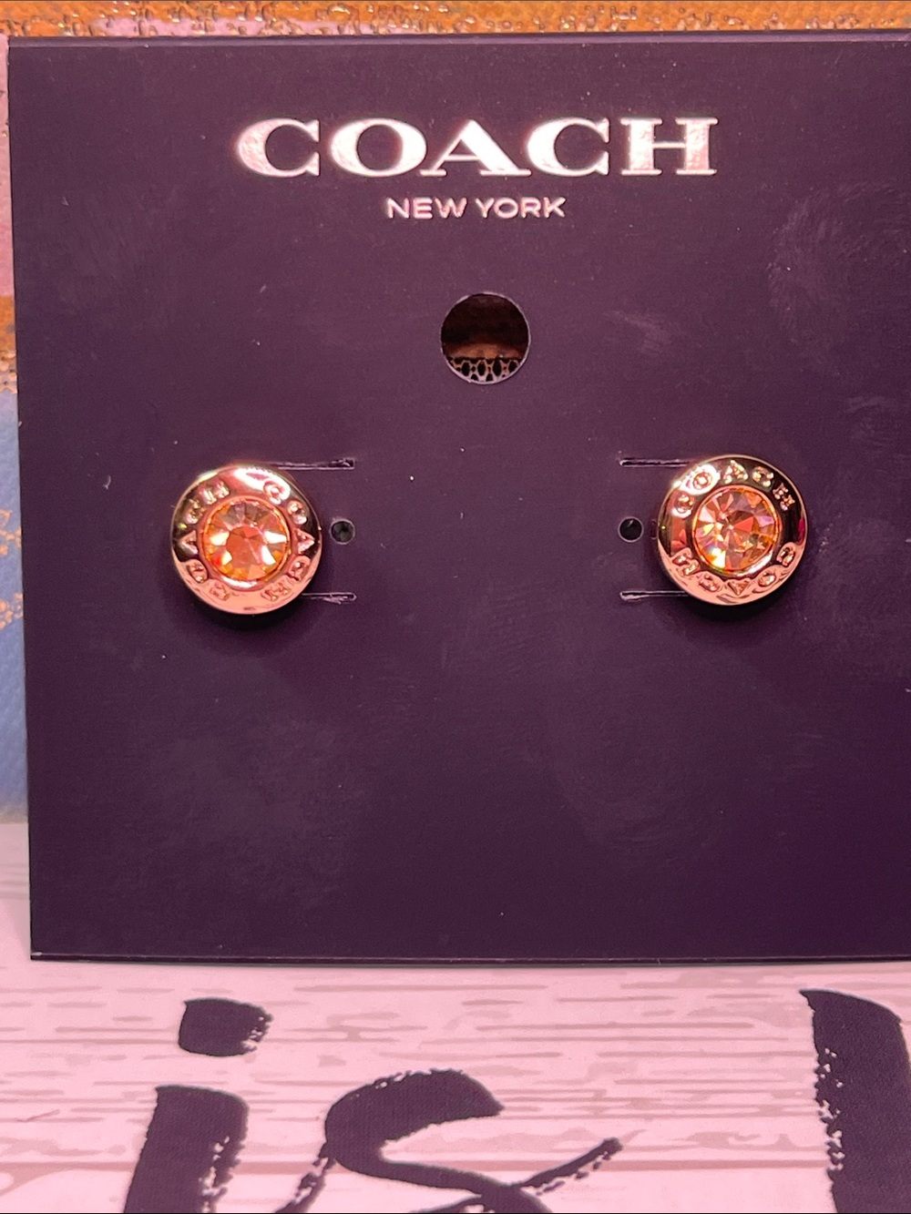Coach Rose Gold and Pink Crystal Logo Stud Earrings